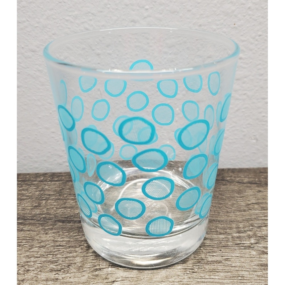 Ikea Turquoise Blue Polka Dot MCM Glass Tumbler Retro Lowball Cocktail